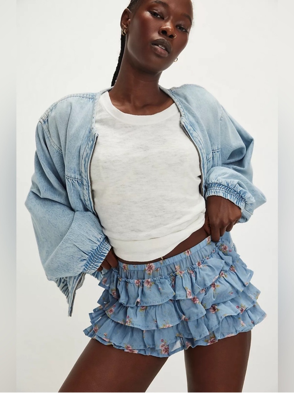 Free People Ruffle Up Bloomer Shorts Blue Floral Women’s S NWOT